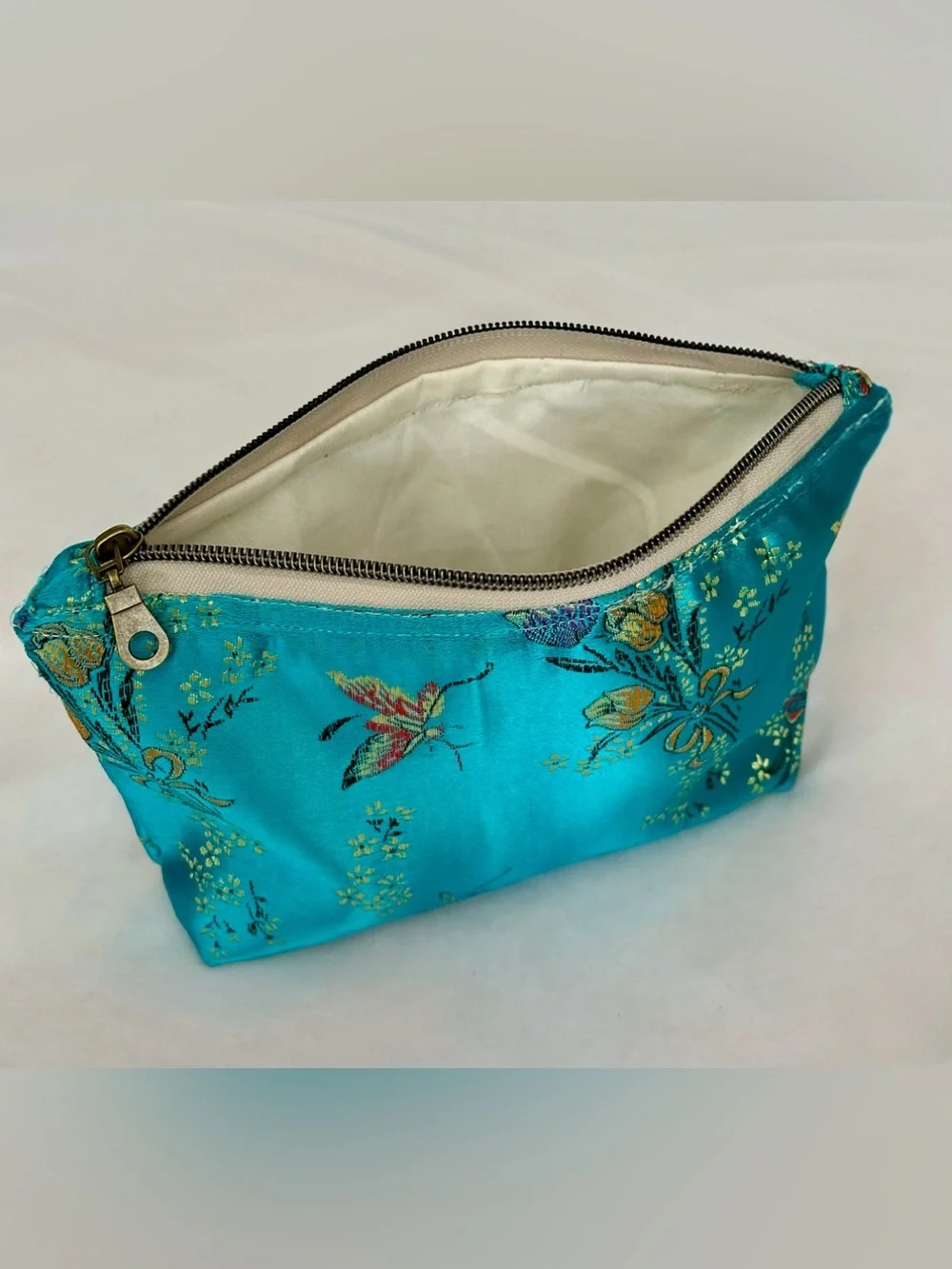 Handmade Parisian SatinTurquoise Floral Embroidered zipper Make up bag